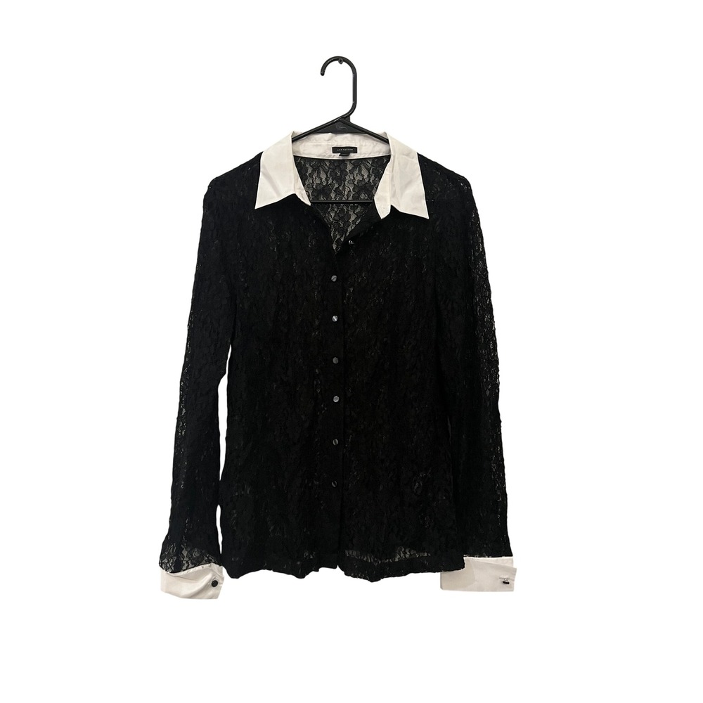 Ann Taylor Sheer Black Lace Button-Up Shirt White Collar Size‎ 10